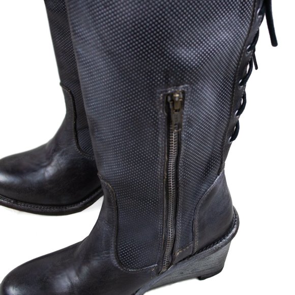 BED STU Empress Black Rustic Wedge Lace-Up Distressed Leather Tall Boots - Picture 4 of 16
